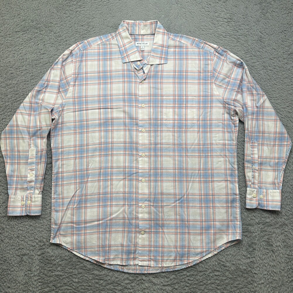 Peter Millar Shirt Mens XL Blue Lightweight Flannel Plaid Long Sleeve Button